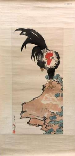 Xu Beihong, Chinese Ink Color Scroll Painting,Cock