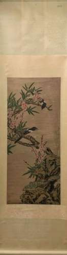 Qing Chinese Ink Color Scroll Painting, Birds