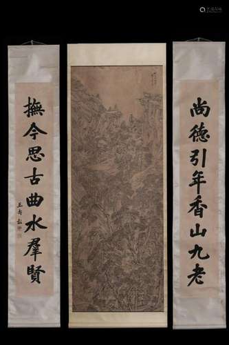 Chinese Ink Color Scroll Paintings w Calligraphy