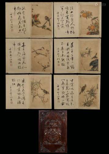Chinese Ink Color Paintings w Wood Case