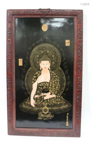 Chinese Hardwood Framed Porcelain Buddha Plaque