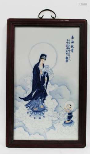 Chinese Hardwood Framed Porcelain Guanyin Plaque