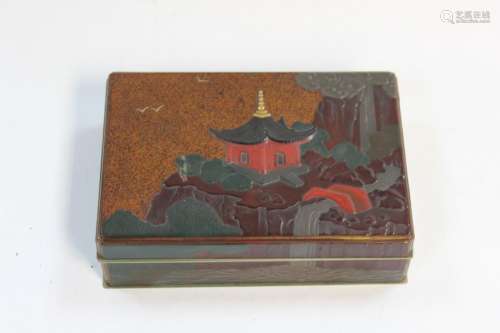 Japanese Lacquer Box w Pagoda Scene