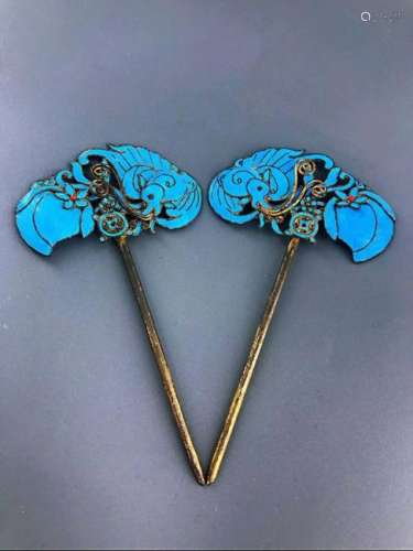 Pair of Qing Chinese Silver Enamel Hair Pin