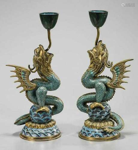 A Pair of Chinese Cloisonne Candle Holders