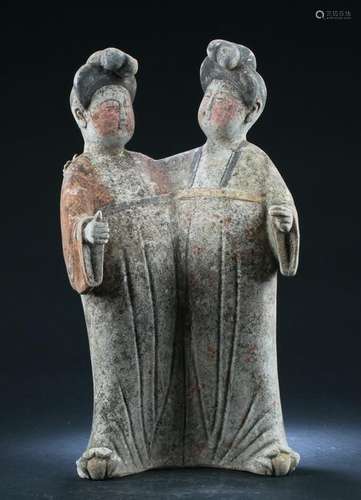 Chinese Pottery Twin Maiden Statue