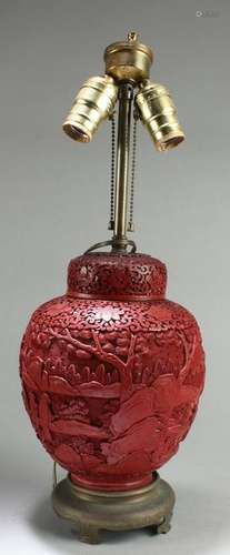 Antique Chinese Cinnabar Lacquer Table Lamp, Qing