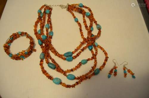 Chinese antique silver amber turquoise necklace
