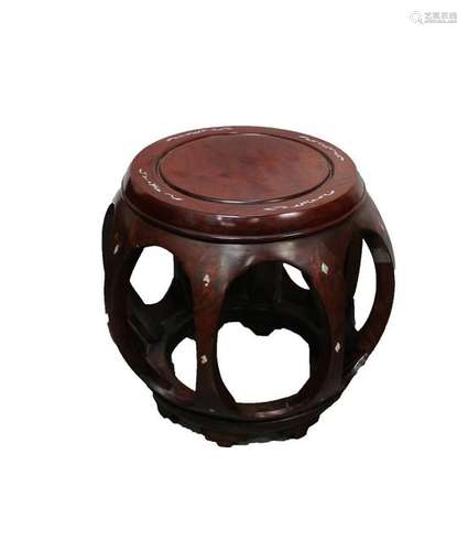 Chinese Hardwood Stool with Marble Inlay