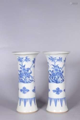 Pair of Chinese Blue and White Porcelain Gu Vase