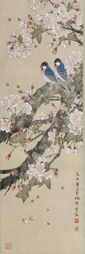 Chinese Ink Color Scroll Painting, Two Parrots