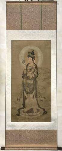 Chinese Ink Color Scroll Painting, Guanyin