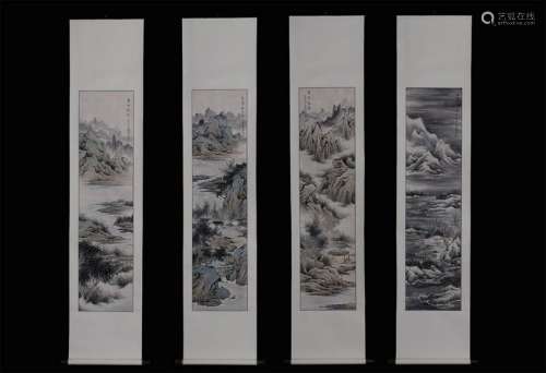 Set Chinese Ink Color Scroll Painting w Calligraph