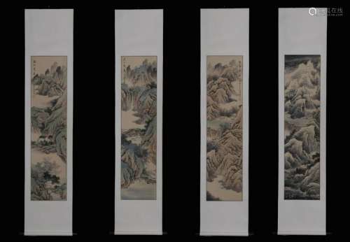 Set Chinese Ink Color Landscape Scroll Paintings
