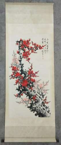 Chinese Ink Color Scroll Painting w Calligraphy