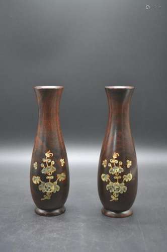 Pair of Chinese MAHOGANYWood Vases w Mother Pearl