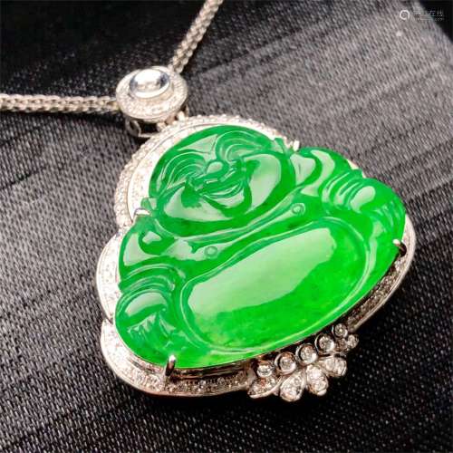 A Chinese Carved Jadeite Buddha Pendant Necklace