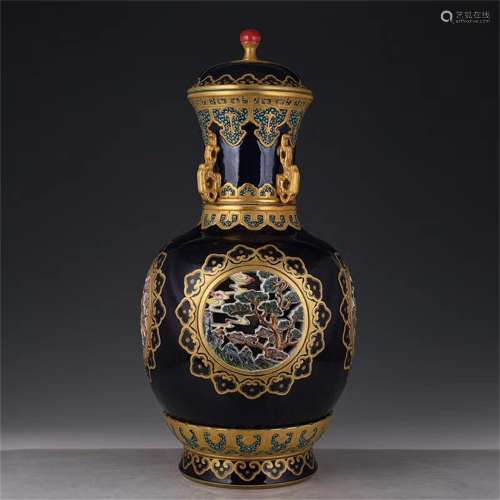 A Chinese Black Ground Golden Glazed Porcelain Vase with Cover
