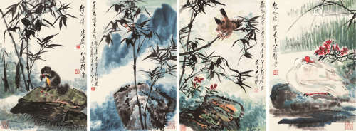 唐云（1910～1993） 1990年作 花鸟 四屏镜片 设色纸本
