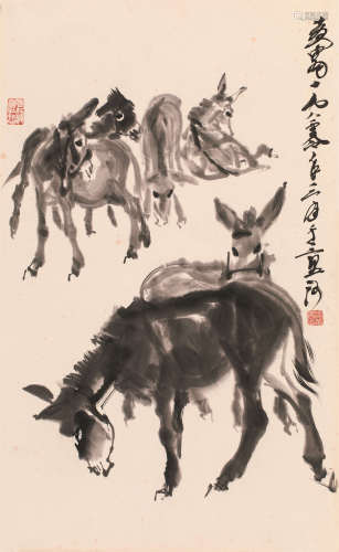黄胄（1925～1997） 1980年作 群驴图 镜片 设色纸本
