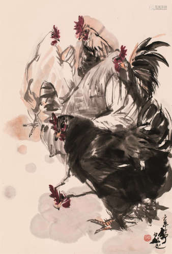 黄胄（1925～1997） 群鸡图 镜片 设色纸本