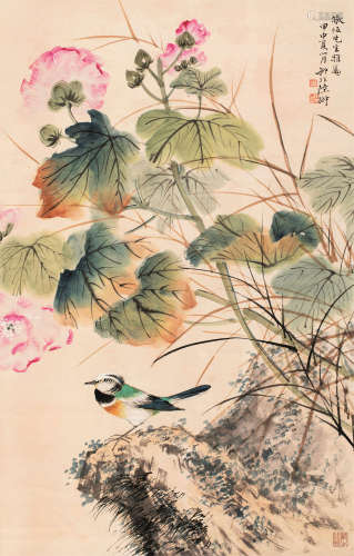 陆抑非（1908～1997） 1944年作 花鸟 立轴 设色纸本
