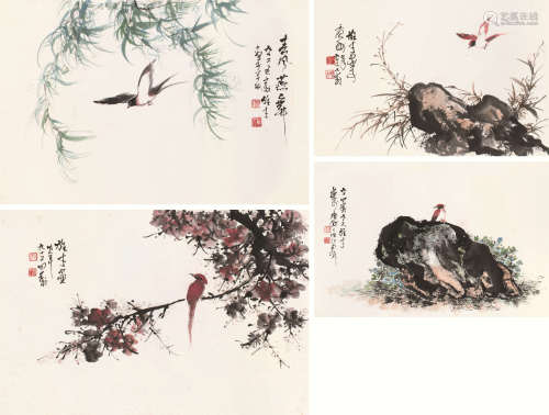 黎雄才（1910～2001） 花鸟 四屏镜片 设色纸本