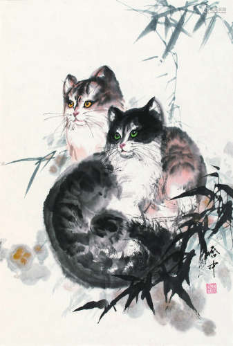 吴启中（b.1944） 双猫图 镜片 设色纸本