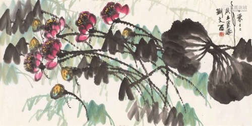 刘文西（b.1933） 2002年作 荷花 镜片 设色纸本