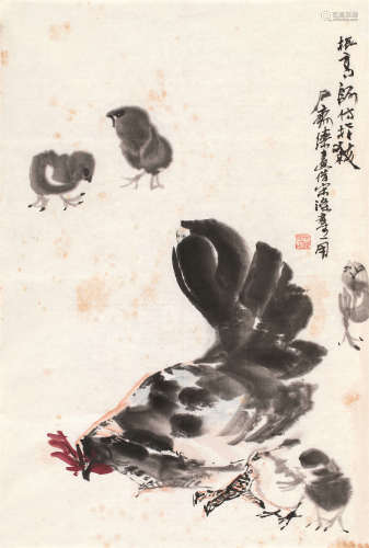 石齐（b.1939） 群鸡图 镜片 设色纸本