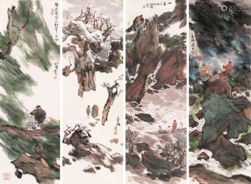 杨延文（1939～2019） 人物 四屏镜片 设色纸本