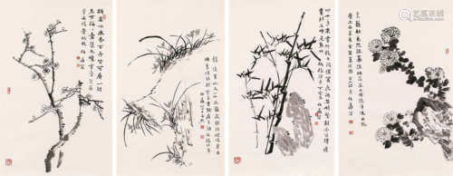 孙伯翔（b.1934） 花卉 四屏镜片 设色纸本