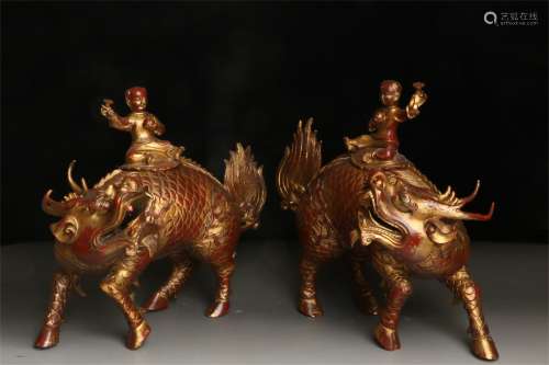 A Pair of Chinese Gilt Bronze Foo-Dog Decorations