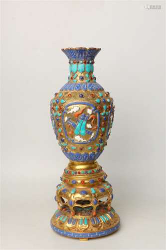 A Chinese Gilt Bronze Vase with Hard-stone Inlaid