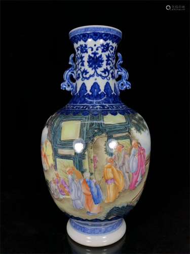 A Chinese Blue and White Ground Famille-Rose Porcelain Vase