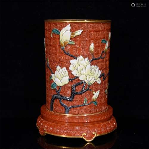 A Chinese Coral-Red Glazed Porcelain Brush Pot