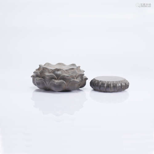 TWO STONE CARVED LOTUS-FORM STANDS