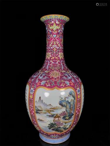 A Chinese Red Ground Famille-Rose Porcelain Vase