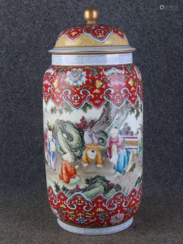 A Chinese Red Ground Famille-Rose Porcelain Jar with Cover