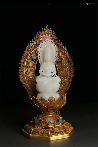 A Chinese Carved Jade Figure of Buddha with Gilt Bronze Inlaid