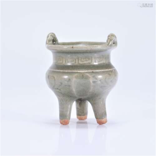 A LONGQUAN YAO CARVED TRIPOD CENSER