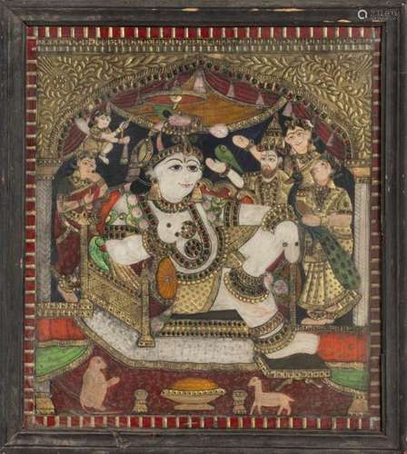 Krishna, techniques mixtes sous verre, Inde, Tanjore, XIX-XXe s., assis sur un [...]