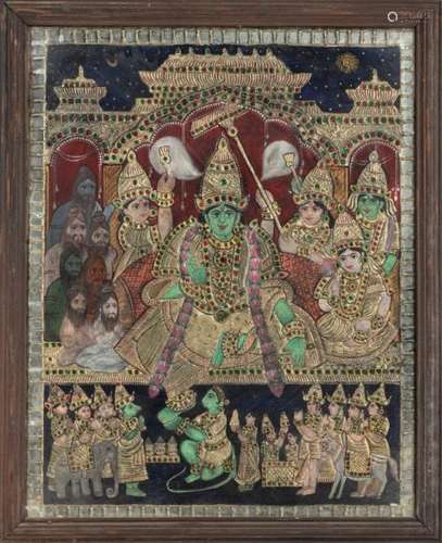 Le couronnement de Rama, techniques mixtes sous verre, Inde, Tanjore, XIX-XXe s., [...]