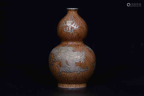 A Chinese Wooden-Pattern Glazed Porcelain Double Gourd Vase