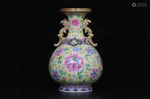 A Chinese Yellow Ground Famille-Rose Porcelain Vase