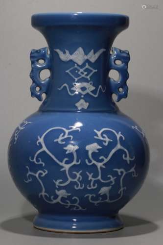 A Chinese Blue Glazed Porcelain Vase with Double Ears