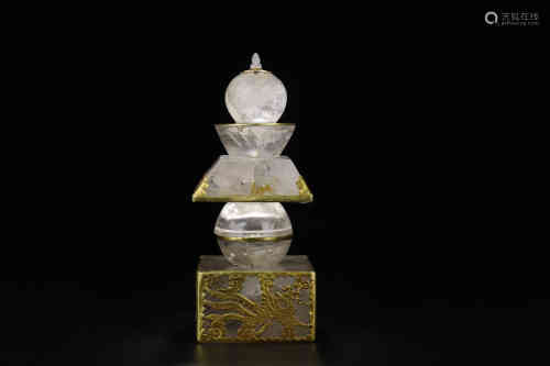 A Chinese Carved Rock Crystal Buddhist Tower with Gold Inlaid
