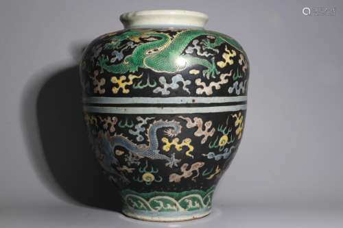 A Chinese Black Ground Wucai Porcelain Jar