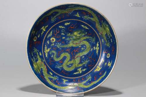 A Chinese Blue Ground Glazed Porcelain Dish of Green Dragons Decoration