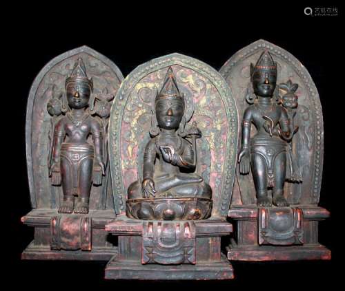 Set of Three Carved Wood Buddhas